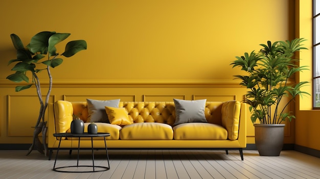 Luxe en moderne gele woonkamer met bank Generatieve AI