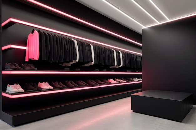 luxe en modieuze gloednieuwe interieur van kledingwinkel met neon donkere achtergrond reclame