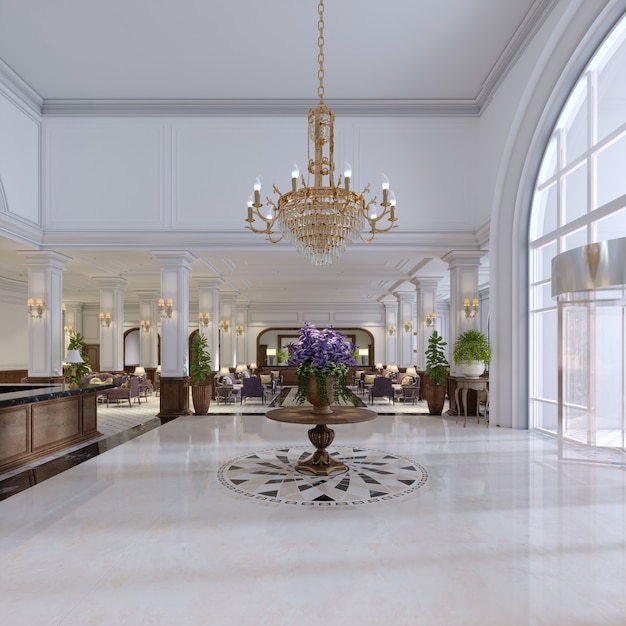 Luxe entree in klassiek hotel met een groot boeket bloemen en een grote gouden kroonluchter. 3D-rendering