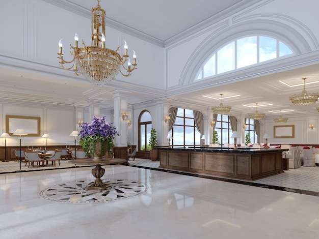 Luxe entree in klassiek hotel met een groot boeket bloemen en een grote gouden kroonluchter. 3D-rendering