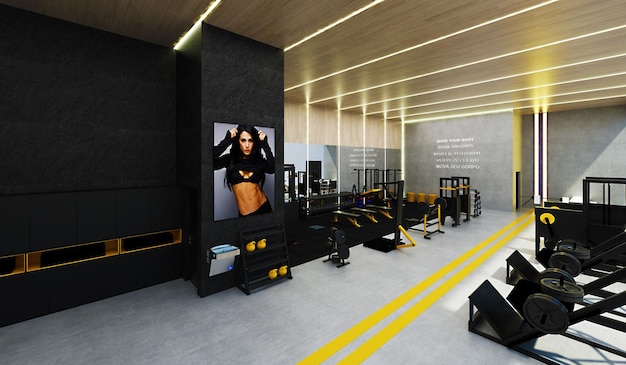 Foto luxe fitnesscentrum met apparatuur voor krachttraining, hardlopen, yoga en meditatie