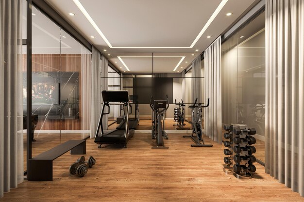 Luxe fitnesscentrum met apparatuur voor krachttraining, hardlopen, yoga en meditatie