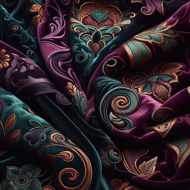 Luxe fluweeltextuur in paars en smaragdgroen die de warmte van de Ramadan oproept