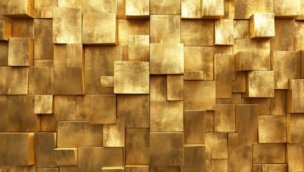 Luxe geometrische muur met gouden textuur en moderne metalen kubus