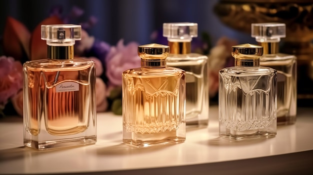 Luxe geurflessen bij parfumgeur bij presentatie-evenement op maat gemaakte parfumerie en verkoop van schoonheidsproducten, postprocessed generatieve ai