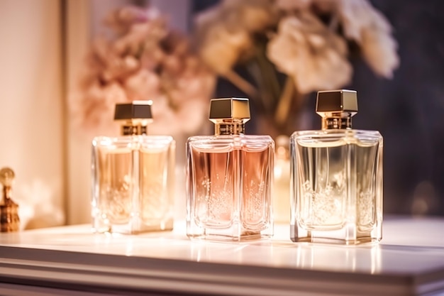 Luxe geurflessen bij parfumgeur op presentatie-evenement op maat gemaakte parfumerie- en schoonheidsproductverkoop generatieve ai