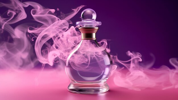 luxe glas- of kristallen parfumfles met rookgolven op achtergrond in roze paars thema