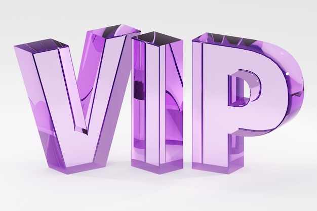 Luxe glazen inscriptie VIP op grijs podium zacht licht gladde achtergrond 3D-rendering