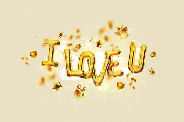 Luxe gouden ballonnen Ik hou van jou met gouden confetti geschenken harten en sterren op een beige achtergrond met vonken Valentijnsdag concept Liefde behang een creatief idee