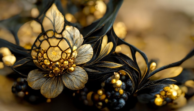 luxe gouden bloemen en blad voor doek stof print, 3d illustratie render