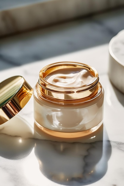 Luxe gouden gezichtscrèmepot op luxueus marmer onder gouden zonlicht bij spa beauty en skincare product generatieve ai