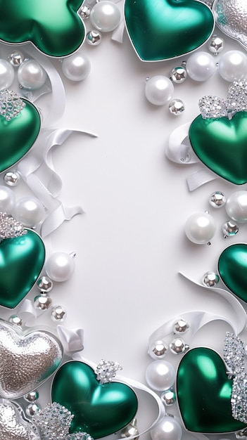 Luxe groene en zilveren hart decoraties met parels en lint op wit