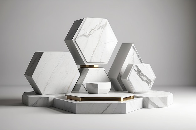 Luxe Hexagon podium wit graniet voor show cosmetisch product geometrisch