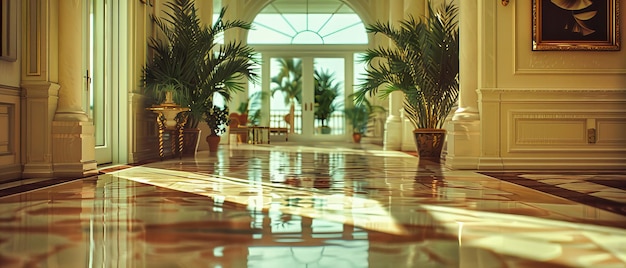 Luxe hotel lobby met elegante marmeren vloeren en stijlvol decor Moderne interieurontwerp voor gastvrijheid