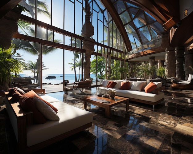Luxe hotel lobby zeezicht kokospalmen tropisch