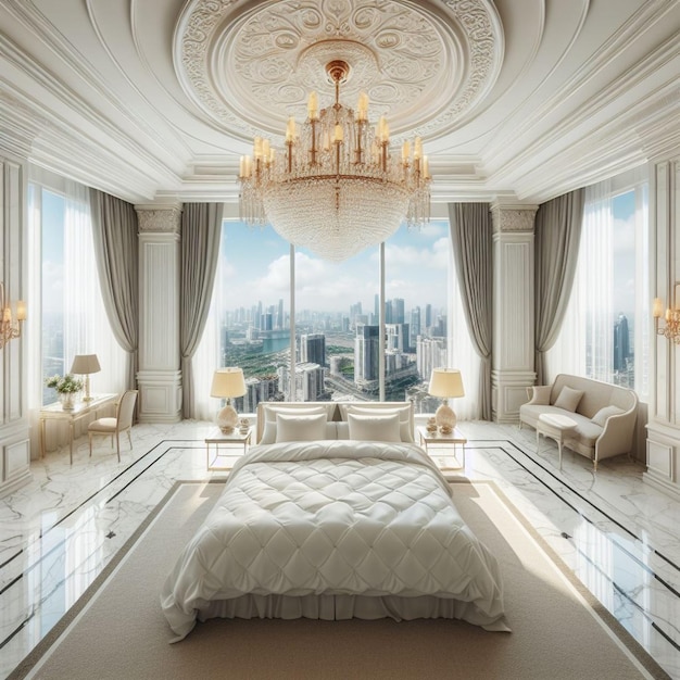 Luxe hotelkamer slaapkamer 3D rendering AI