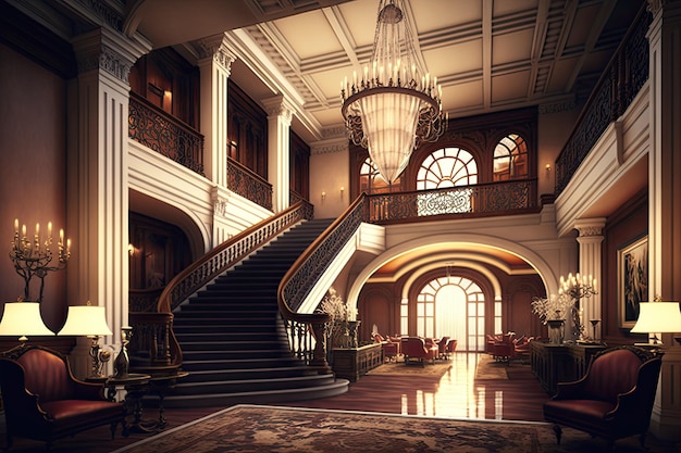 Luxe hotellobby met grote trap en kroonluchter tijdens zonsondergang gemaakt met generatieve ai