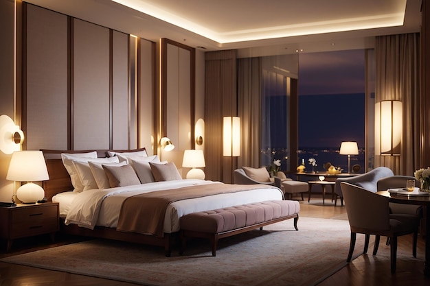 Luxe hotelslaapkamer verlicht door moderne lampen