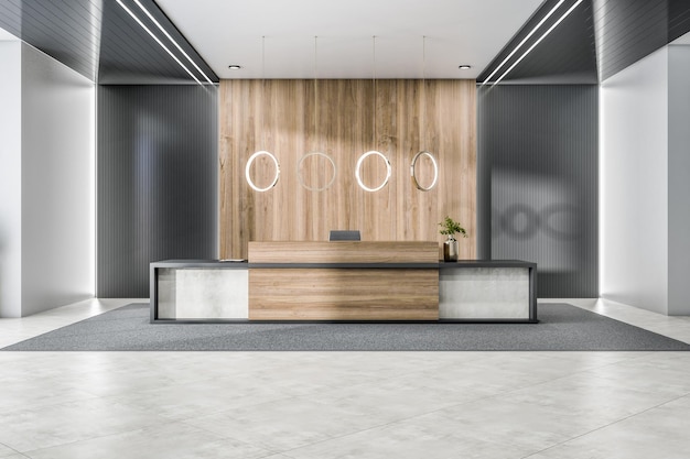 Luxe houten en betonnen kantoor lobby interieur met receptie en decoratieve items 3D Rendering