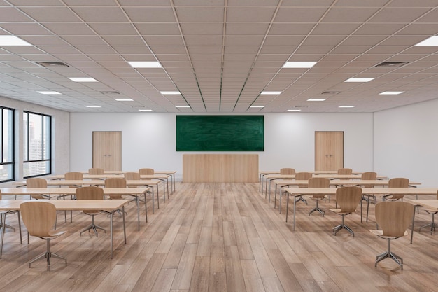 Luxe houten klaslokaalinterieur met meubels en schoolbordramen met uitzicht op de stad Terug naar school en interieurconcept 3D-rendering