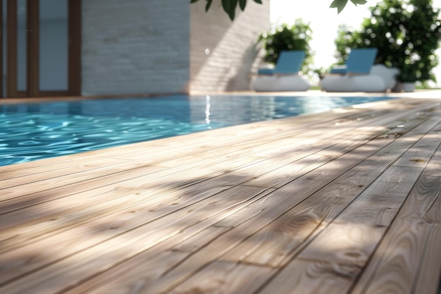 Luxe houten terras bij zwembad Houten architectuurperspectief Houten terras sjabloon