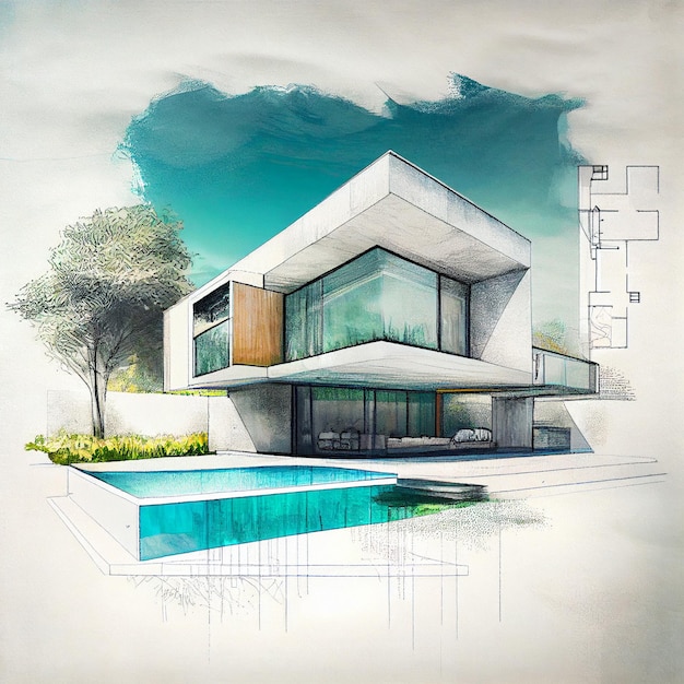 Luxe huis architectuur tekening schets plan blauwdruk