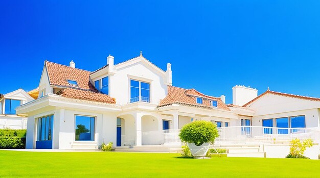 Luxe huis met blauwe lucht op zonnige dag