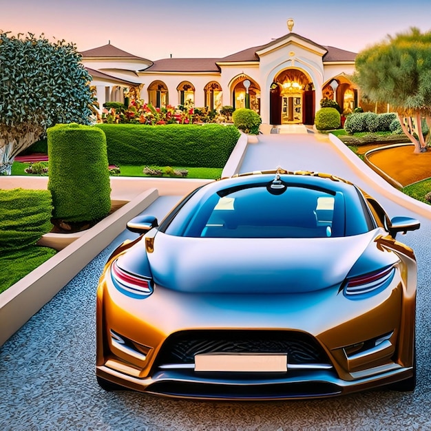 Foto luxe huis met een luxe auto ai genereer