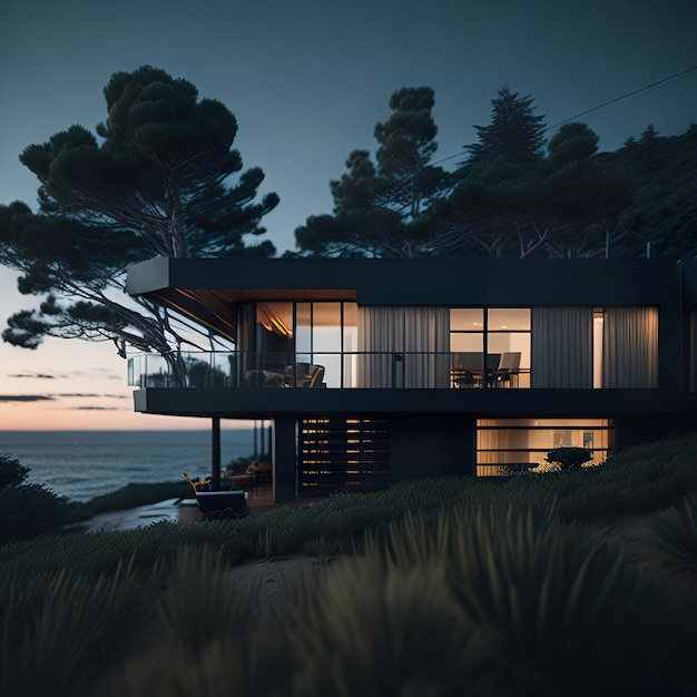 Luxe huis met modern ontwerp op het strand met daglicht