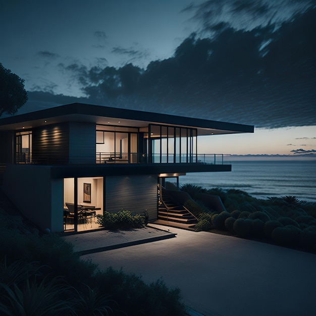 Luxe huis met modern ontwerp op het strand met daglicht