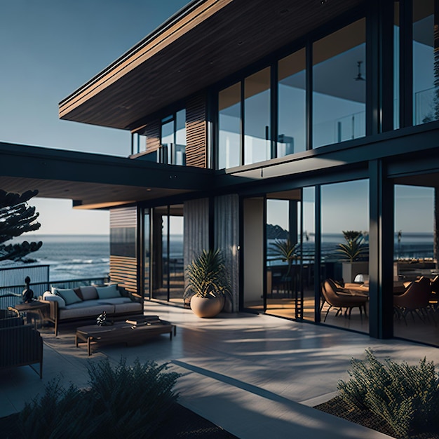 Luxe huis met modern ontwerp op het strand met daglicht