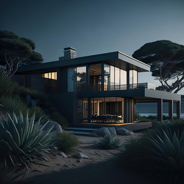 Luxe huis met modern ontwerp op het strand met daglicht