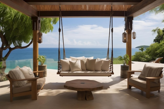 Luxe huis veranda aan het strand met een hangende schommel generatieve AI