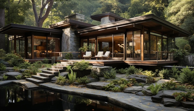 Luxe huisje bij het rustige zwembad, omgeven door weelderig groen gegenereerd door kunstmatige intelligentie
