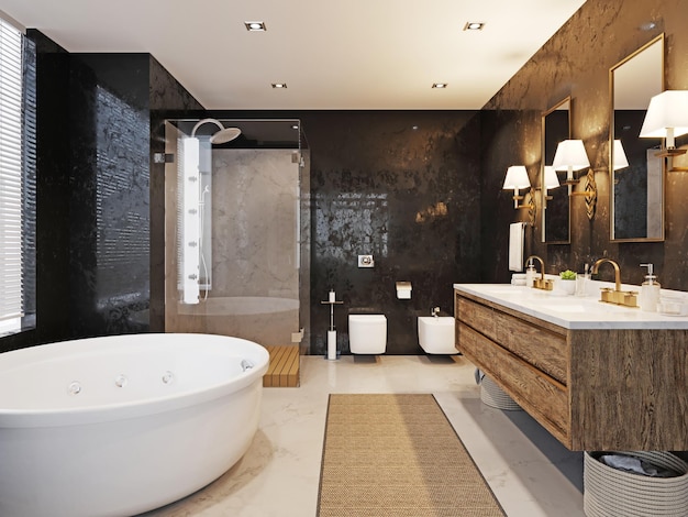 Luxe ingerichte badkamer met groot ligbad, douche en dubbele wastafel. Zwart marmeren muren. 3D-weergave.