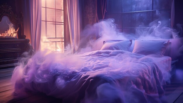 Luxe ingerichte slaapkamer met zachte paarse lakens op het bed