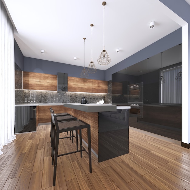 Luxe interieur mooie keuken met op maat gemaakte zwarte en houten schudkasten, eindeloos marmeren eiland met bruine leren krukken over brede planken hardhouten vloer. 3D-rendering