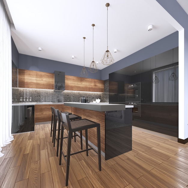 Luxe interieur mooie keuken met op maat gemaakte zwarte en houten schudkasten, eindeloos marmeren eiland met bruine leren krukken over brede planken hardhouten vloer. 3D-rendering