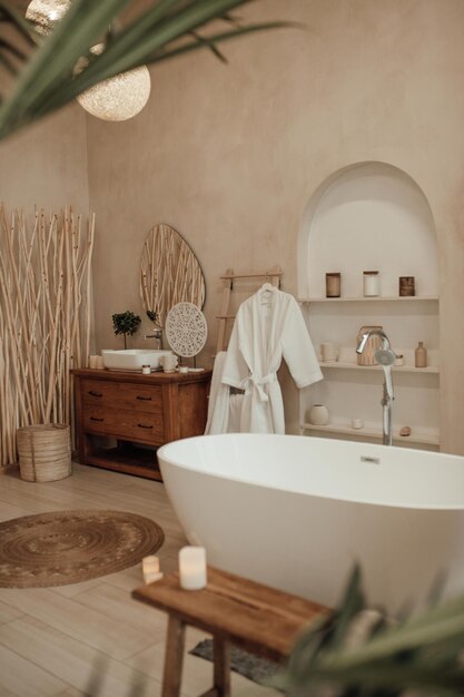Foto luxe interieur van een grote badkamer in moderne afrikaanse stijl met een ovaal bad in natuurlijke verlichting