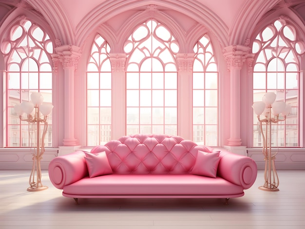 Luxe interieur van een roze vintage zaal met roze zuilen 3D rendering valentine stijl