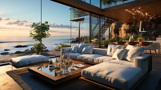 Luxe interieur van strandhuis met hoog glas en uitzicht op zee