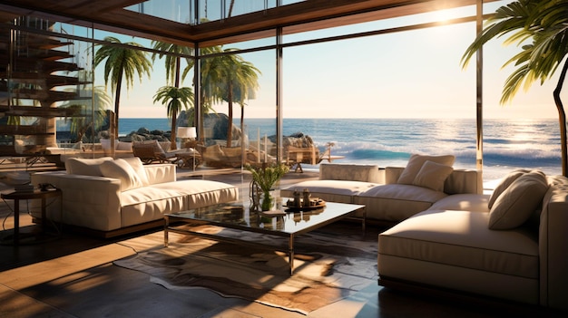 Foto luxe interieur van strandhuis met hoog glas en uitzicht op zee