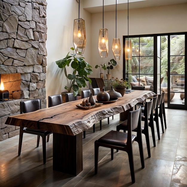 Luxe interieurontwerp van de eetkamer met houten tafel en stoelen