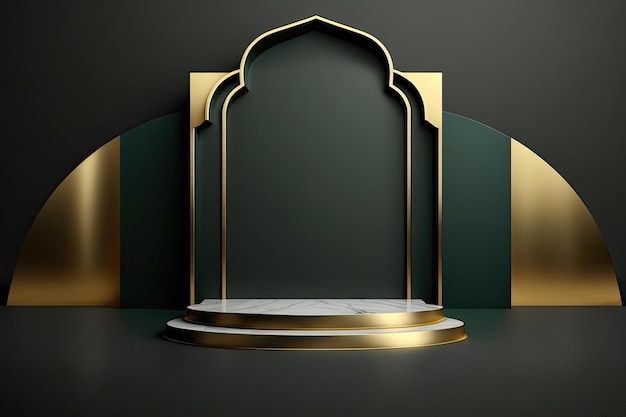 Luxe islamitisch ramadan podium podium product display groen en goud frame AI gegenereerd