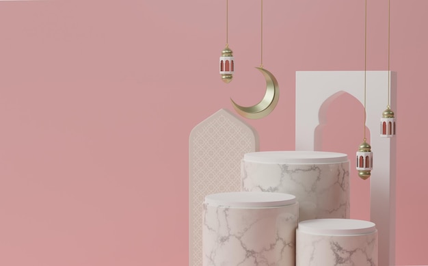 Luxe islamitische achtergrond met 3d podium, 3d decoratiepodium met halve maan en lantaarn, ramad