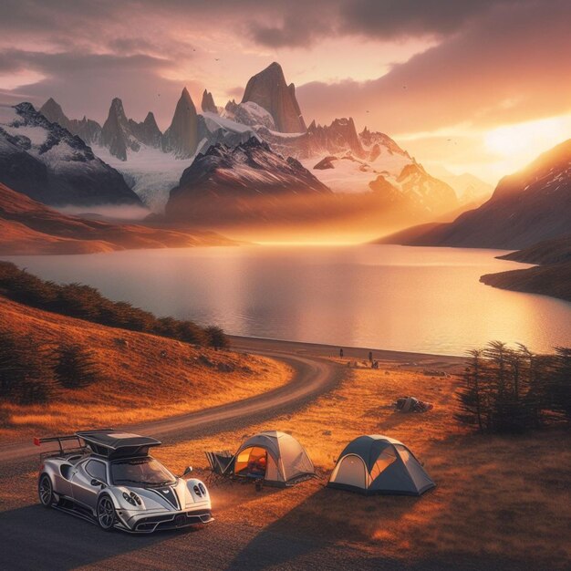 Luxe Italiaanse sport super auto auto aangepaste camper omgebouwd ontspannende scène berg meer in de schemering