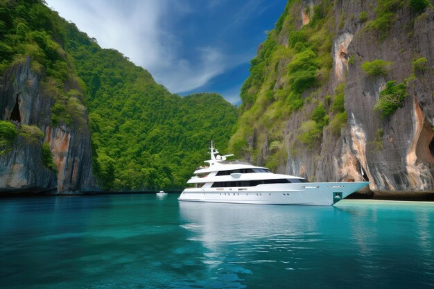 Luxe jacht verankerd in afgelegen baai omgeven door torenhoge kliffen en kristalhelder water