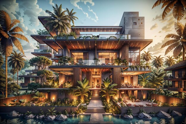 Foto luxe jungle villa met dak tuin glazen villa met een hellend dak en zwembad generatieve ai