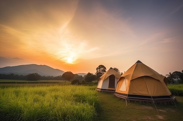 Luxe kamperen in het prachtige landschap met een mooi landschap op de achtergrond van de zonsondergang