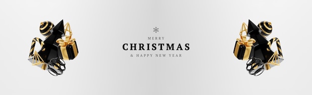 Foto luxe kerst 3d render banner of wenskaart. moderne minimale nieuwjaar en kerst goud en zwart decoratie met boom, snoep, bal, geschenkdoos op zwarte achtergrond